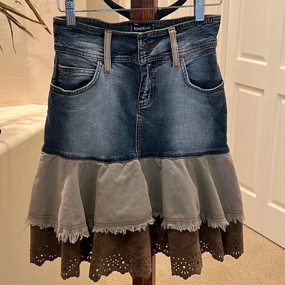 Vintage Y2K Bebe Ruffle Denim Suede Cotton Eyelete Skirt Size XS